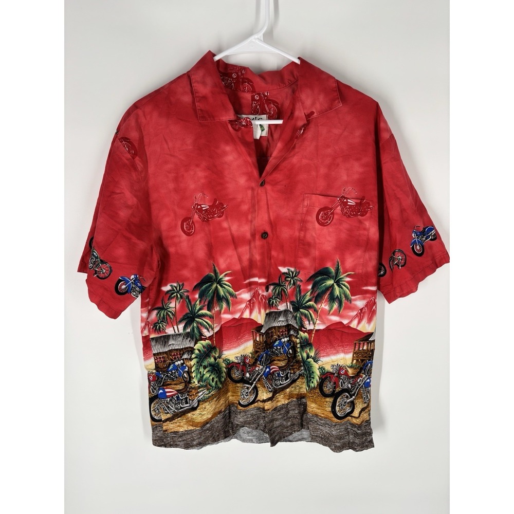 Ky's Mens Vintage Hawaiian Shirt Size Large Motorcycle Tropical‎ Patriotic USA